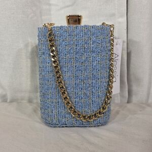 NWT Alessia Blue & Gold Tweed Frame Bag with Chain Strap